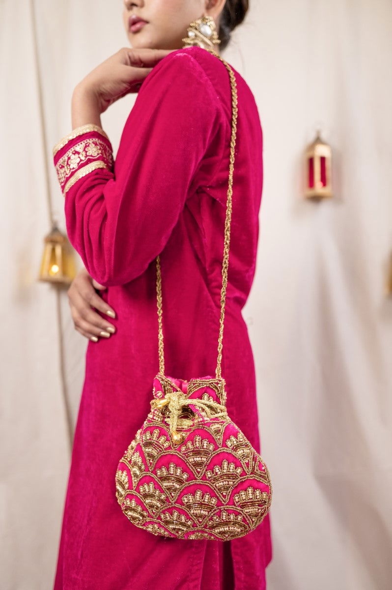 Rani Pink Potli with Beautiful Pipe and Bead Sequin Design - Mayrake.in
