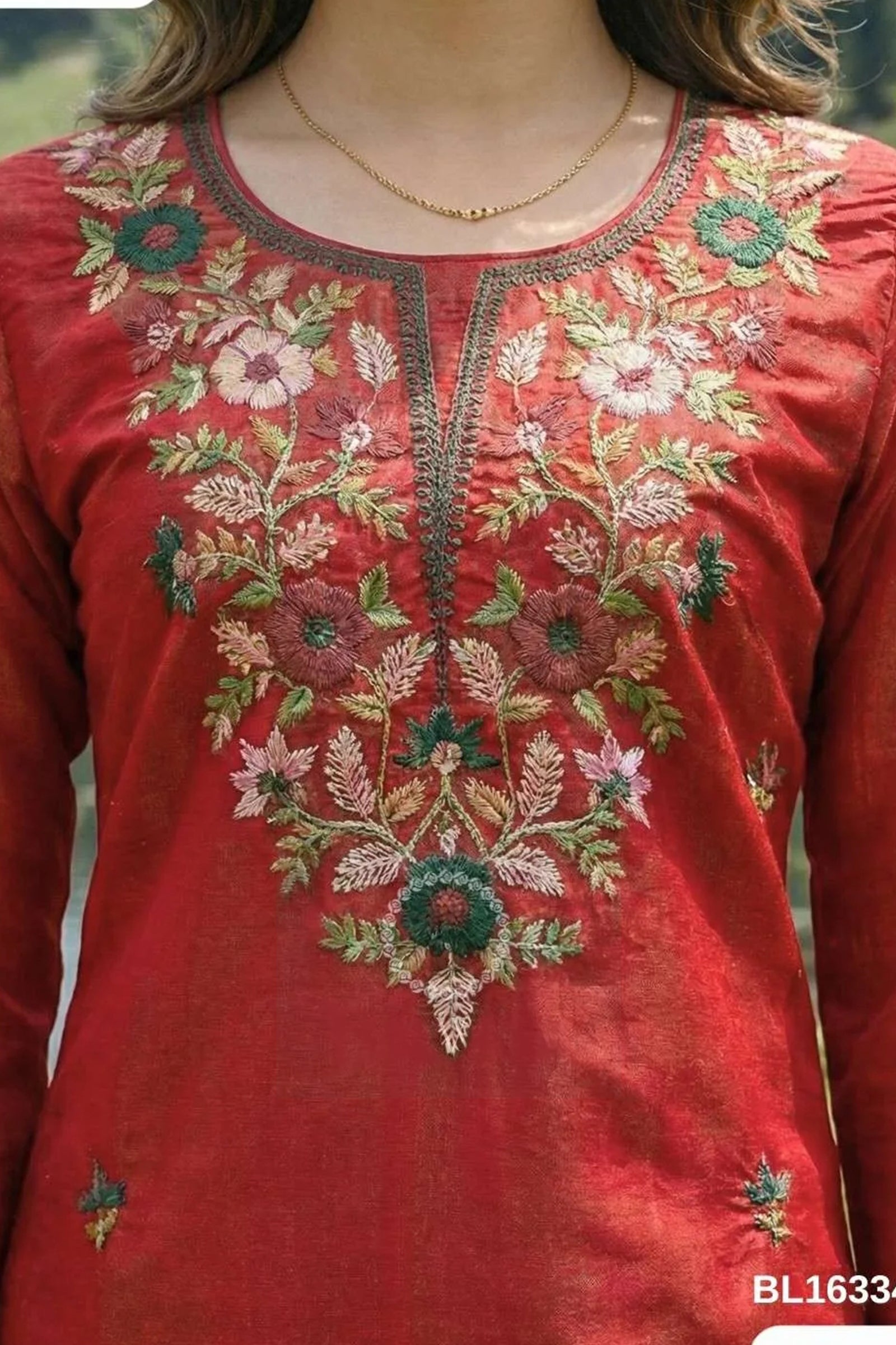 Crimson Silk Kurta Set with Multicolor Floral Embroidery & Thread Work Detailing