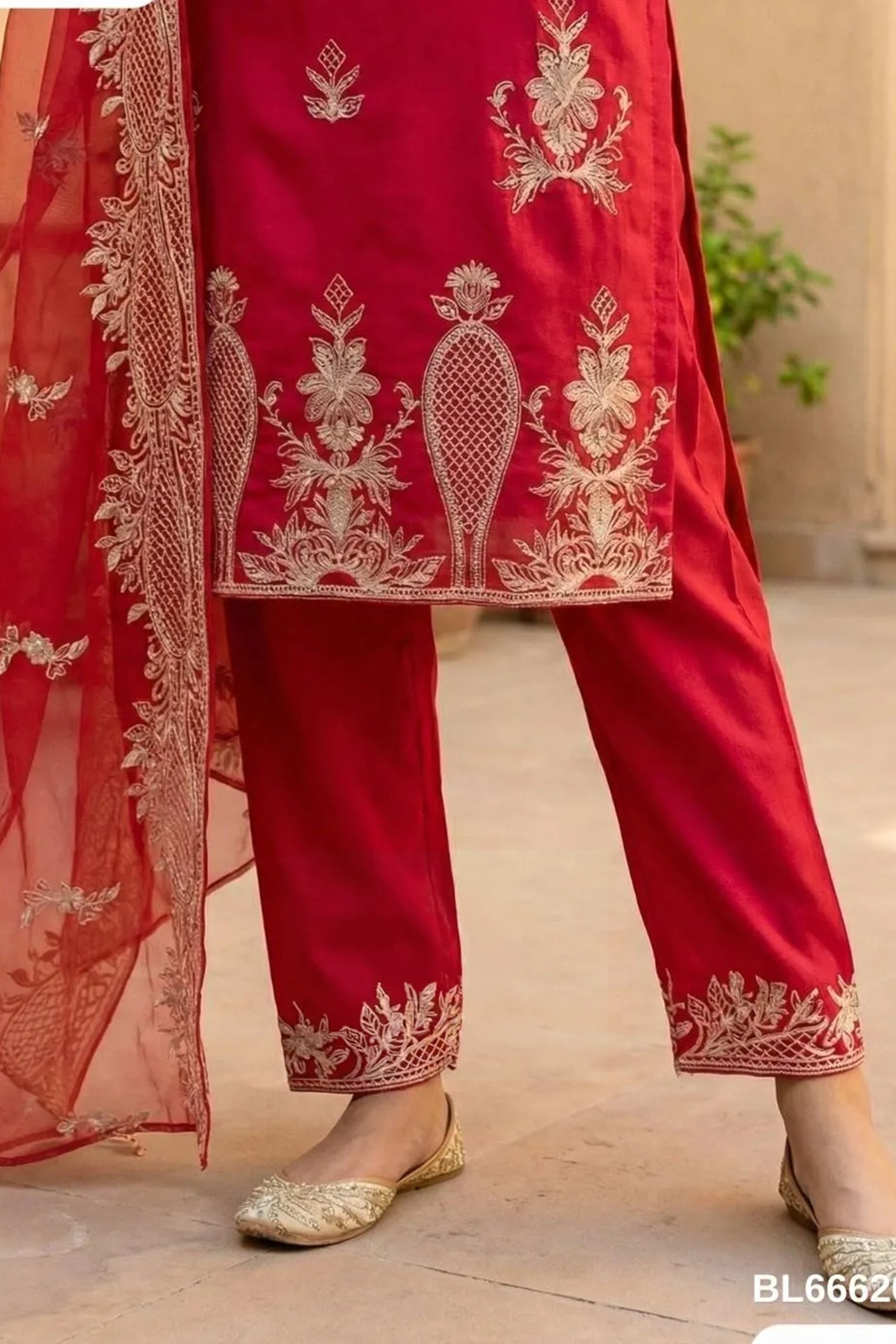 Red Silk Kurta Set with White Lucknowi Embroidery & Intricate Thread Work