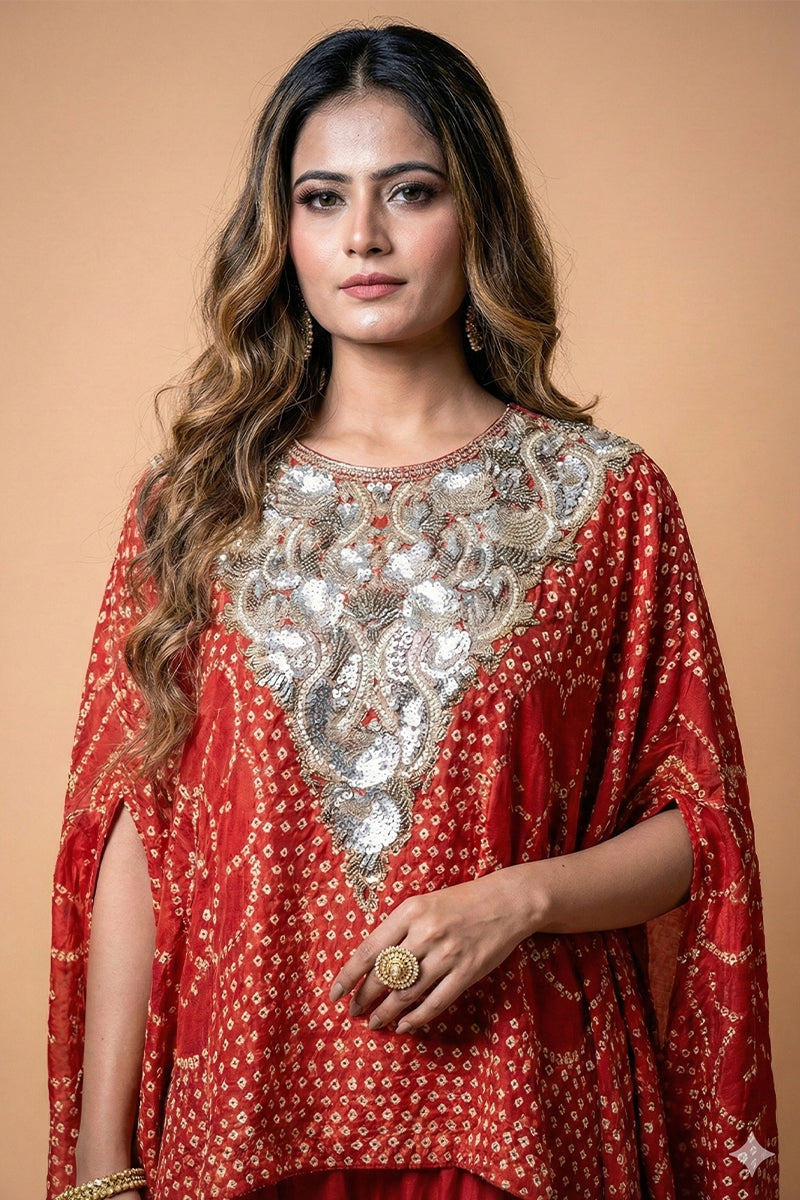 Red Bandhani Silk Kaftan with Flared Palazzo and Heavy Hand-Embroidered Sequin Work