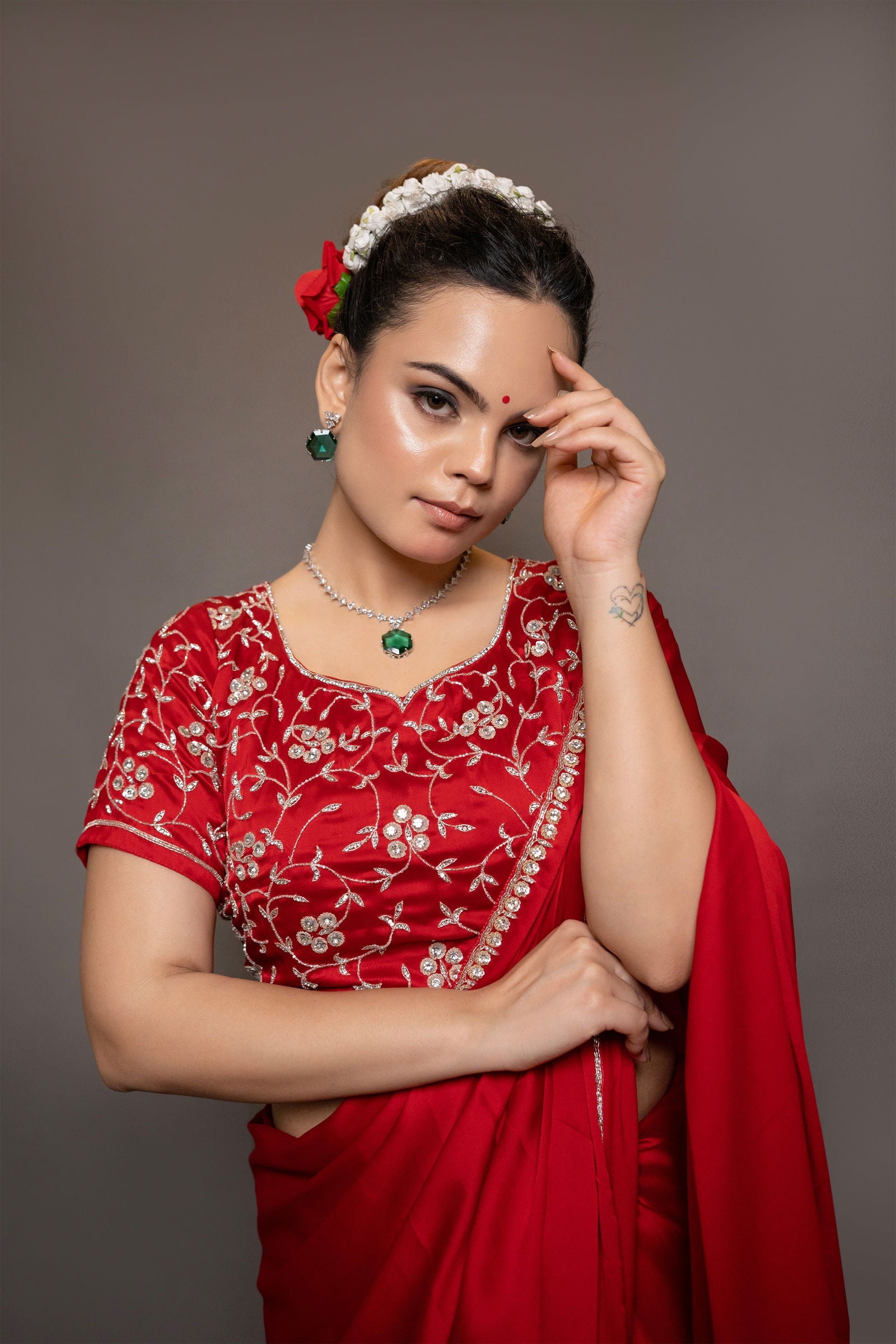 Red Satin Saree with Swarovski Stones and Heavily Embellished Blouse - Mayrake