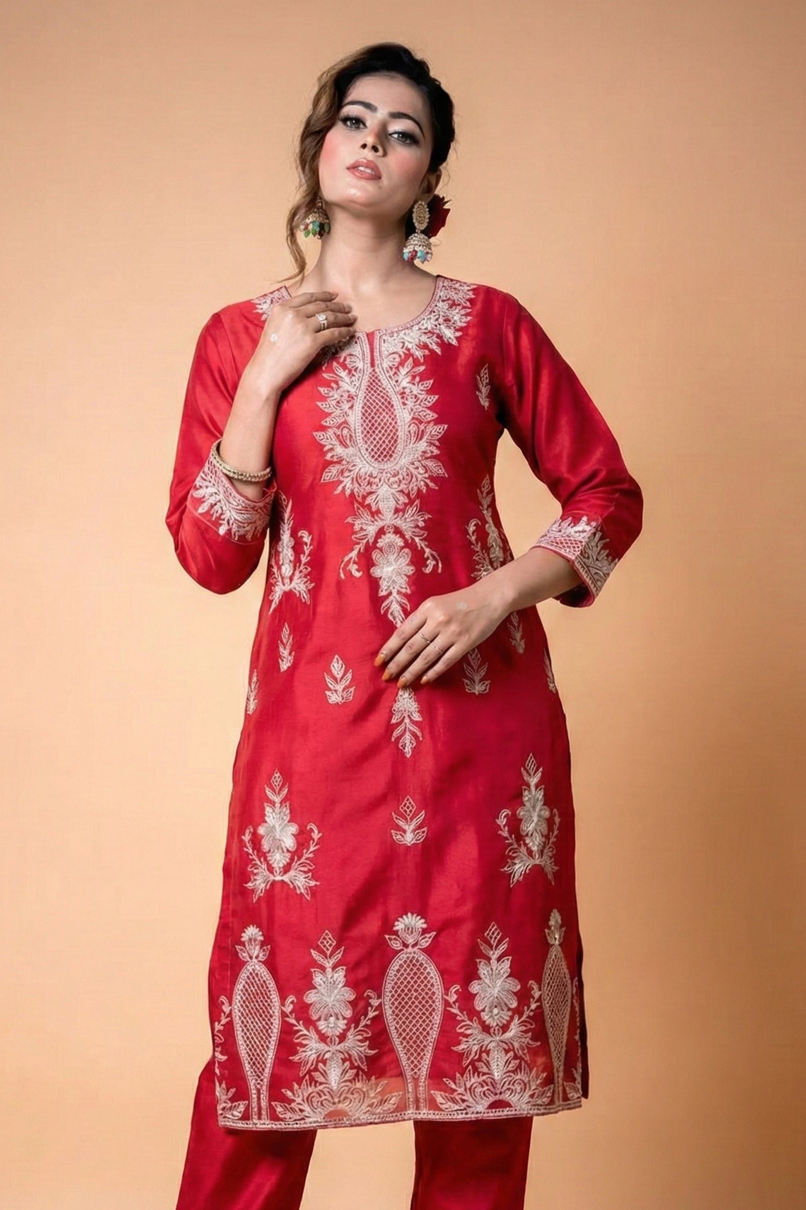 Red Silk Kurta Set with White Lucknowi Embroidery & Intricate Thread Work