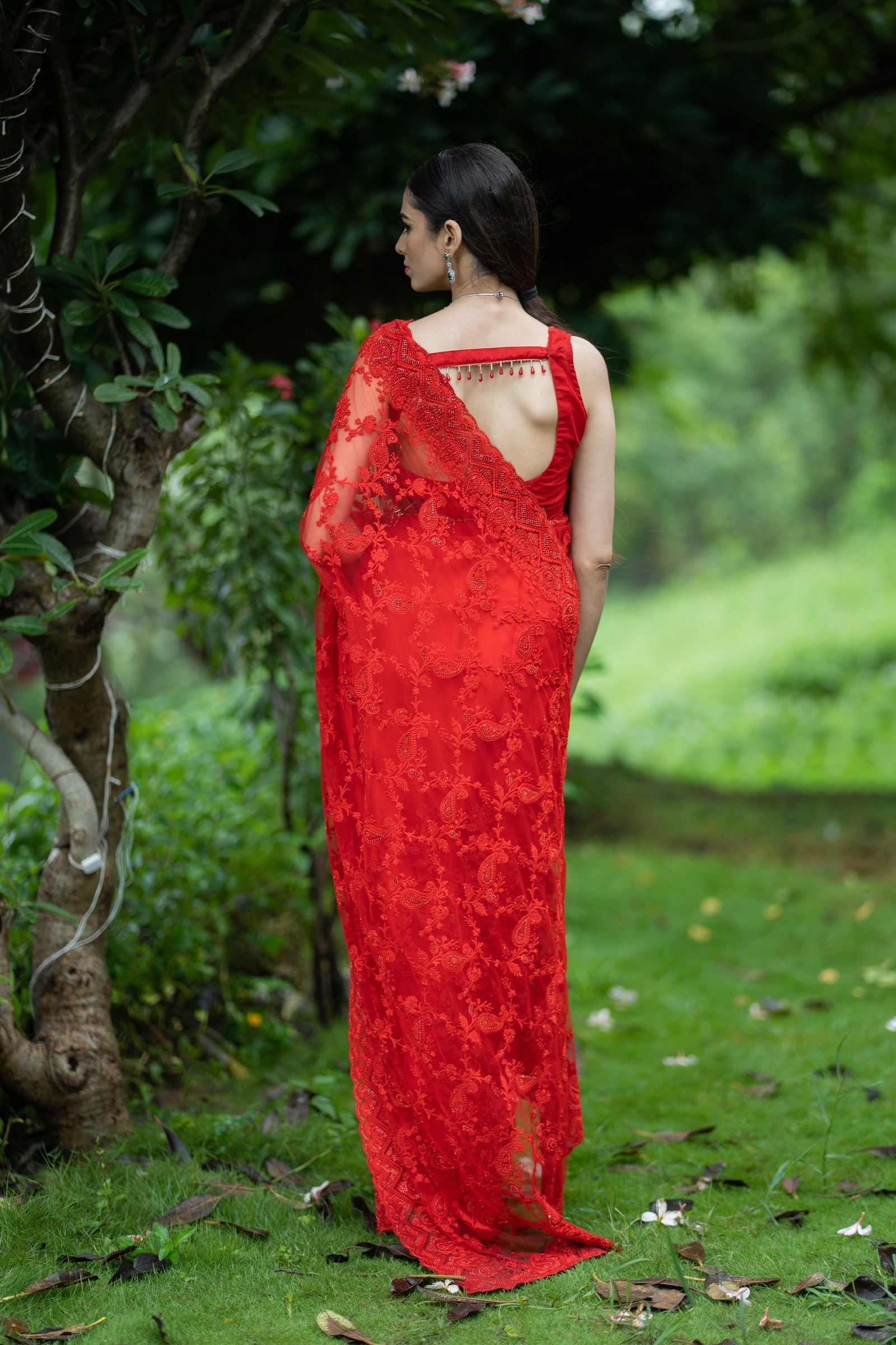 Red Super Net Saree with Heavy threadwork, Swarovski Embellishments with Stitched Designer Blouse - Mayrake