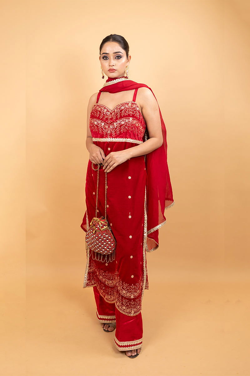 Red Velvet Suit with Embroidered Border, Palazzo Pants, and Matching Dupatta - Mayrake -
