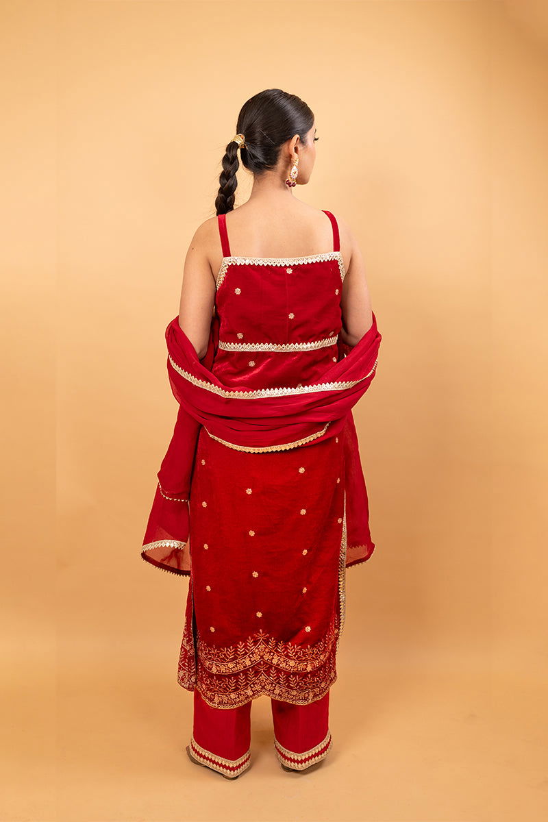 Red Velvet Suit with Embroidered Border, Palazzo Pants, and Matching Dupatta - Mayrake -