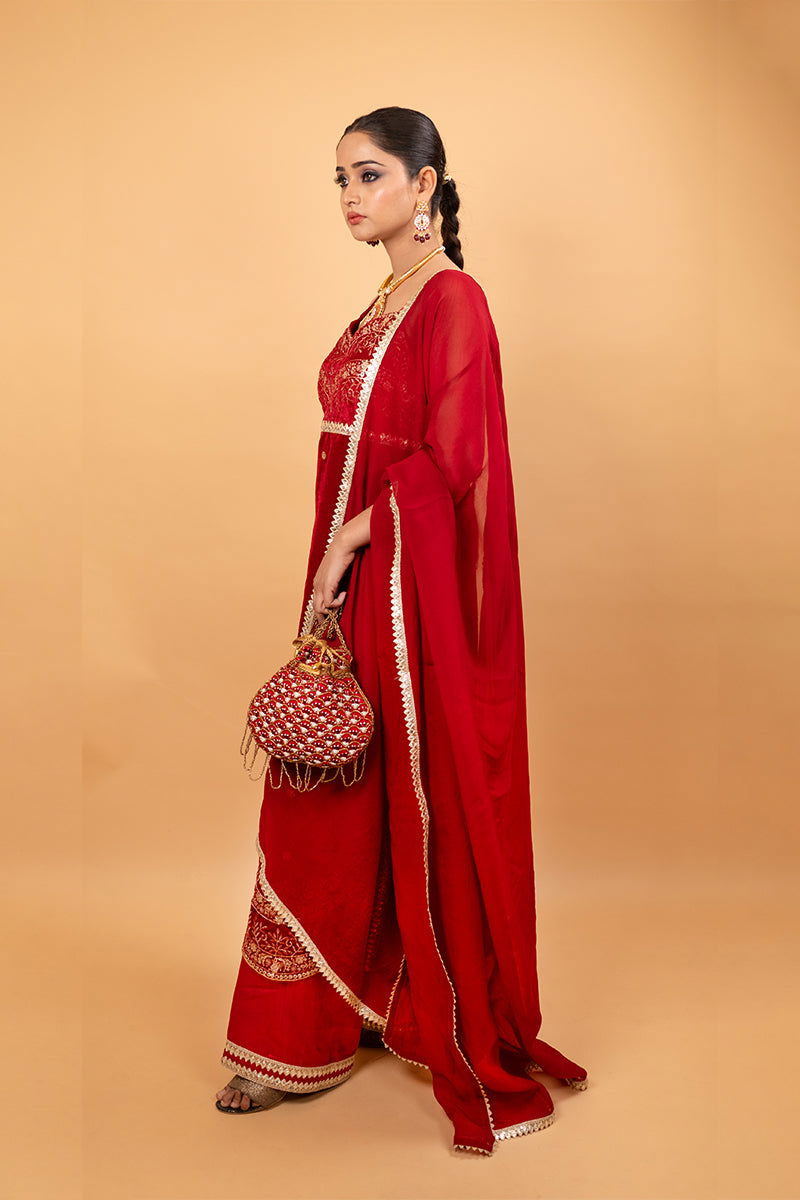 Red Velvet Suit with Embroidered Border, Palazzo Pants, and Matching Dupatta - Mayrake -