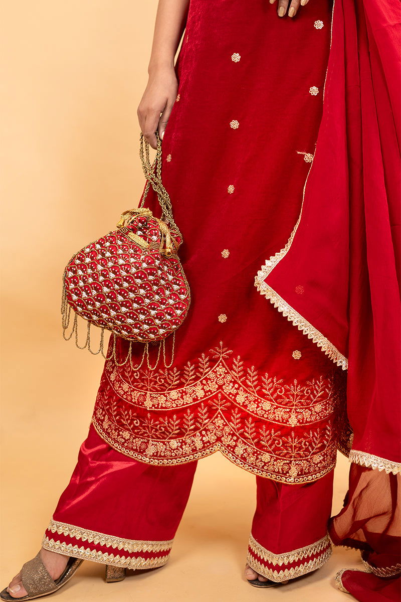 Red Velvet Suit with Embroidered Border, Palazzo Pants, and Matching Dupatta - Mayrake -