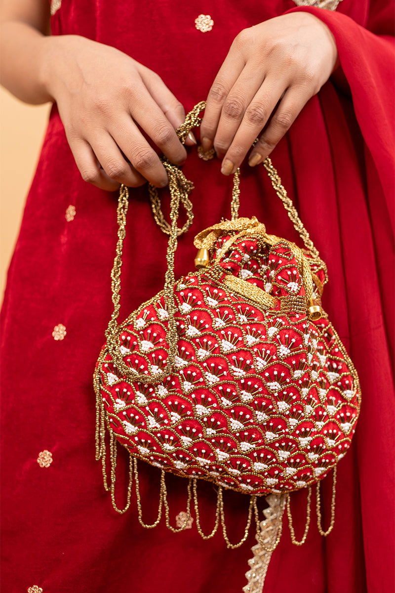 Red Velvet Suit with Embroidered Border, Palazzo Pants, and Matching Dupatta - Mayrake -