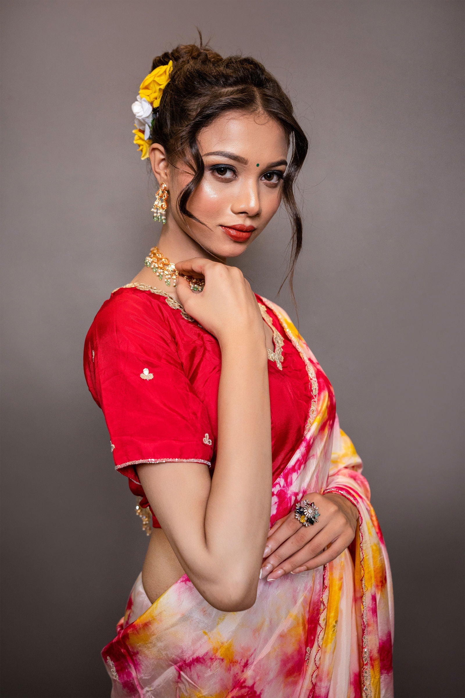 Red and Yellow Boutique Chiffon Saree with Gota Patti Border and Stitched Designer Blouse - Mayrake
