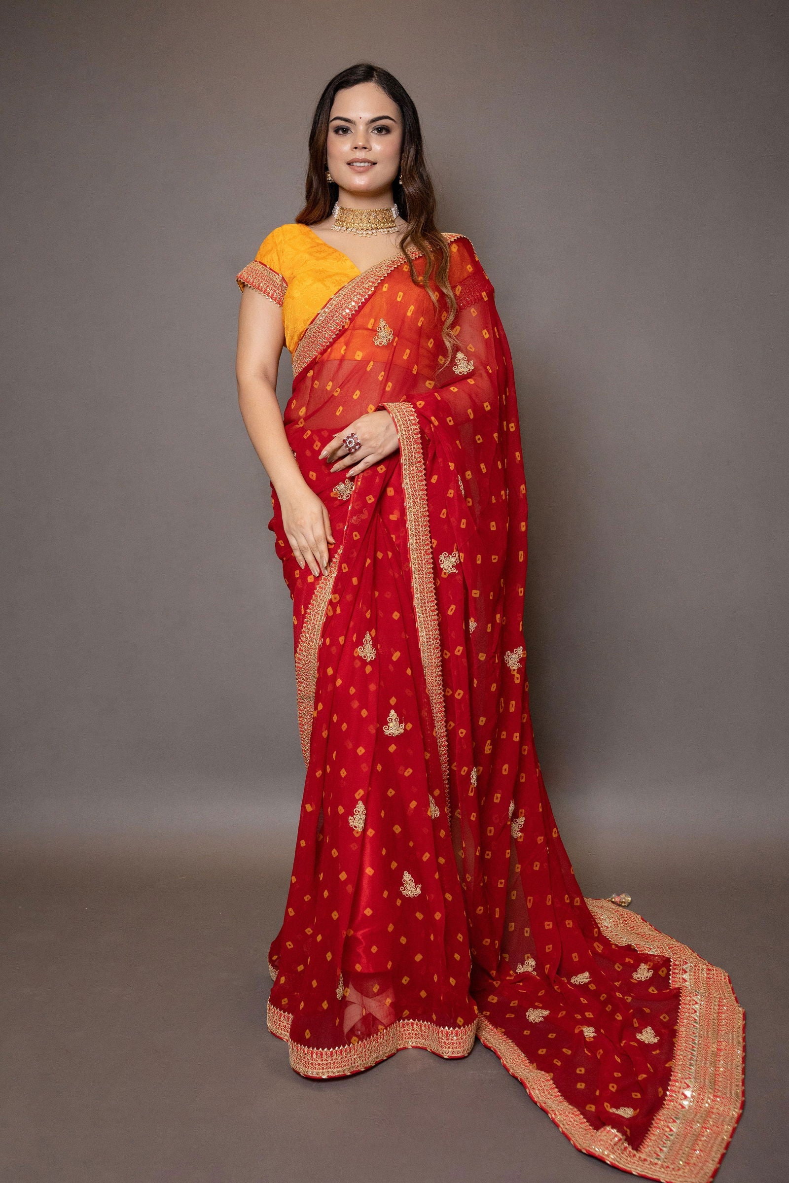 Red and Yellow Chiffon Saree with Gota Patti Border with Stitched Blouse - Mayrake.in