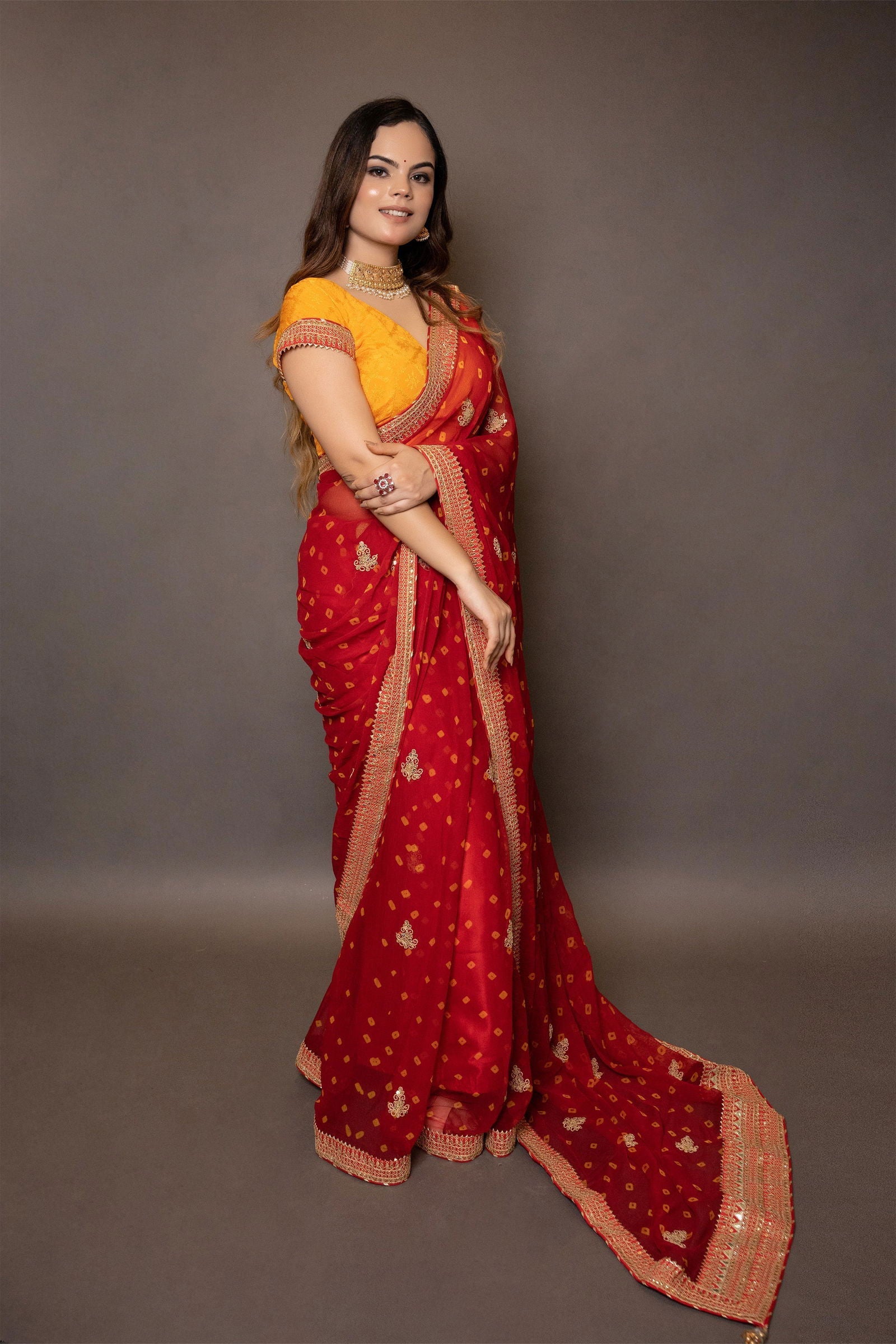 Red and Yellow Chiffon Saree with Gota Patti Border with Stitched Blouse - Mayrake.in