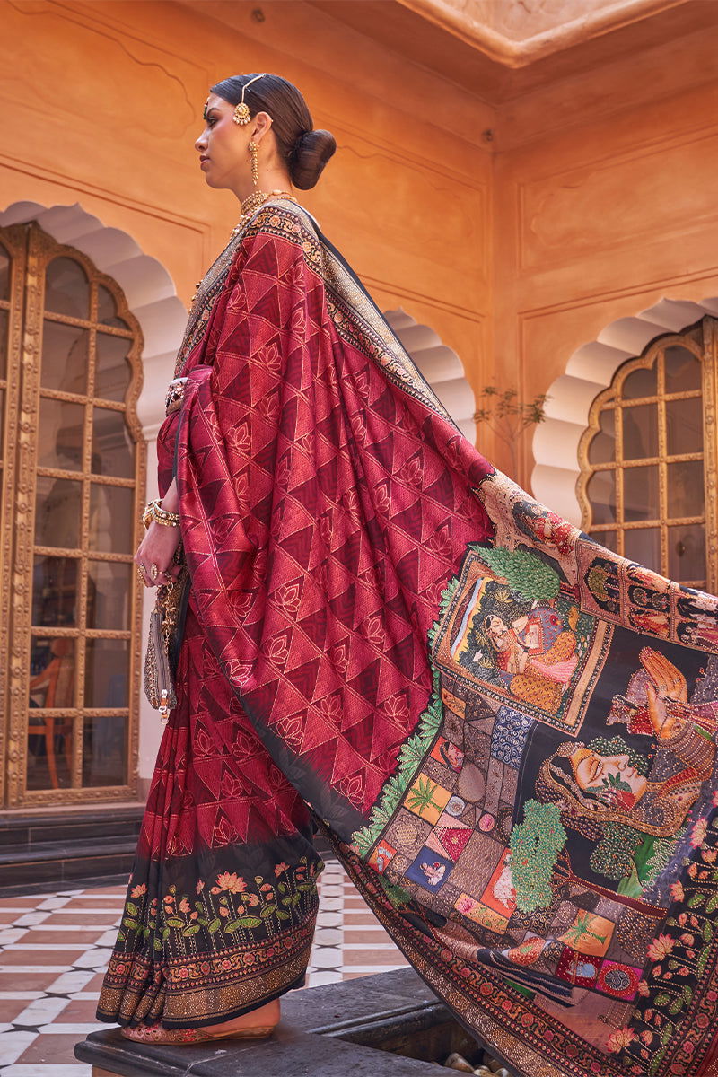 Red with Multi-Color Border Viscose Silk with Exclusive Design and Additional Work - Mayrake -