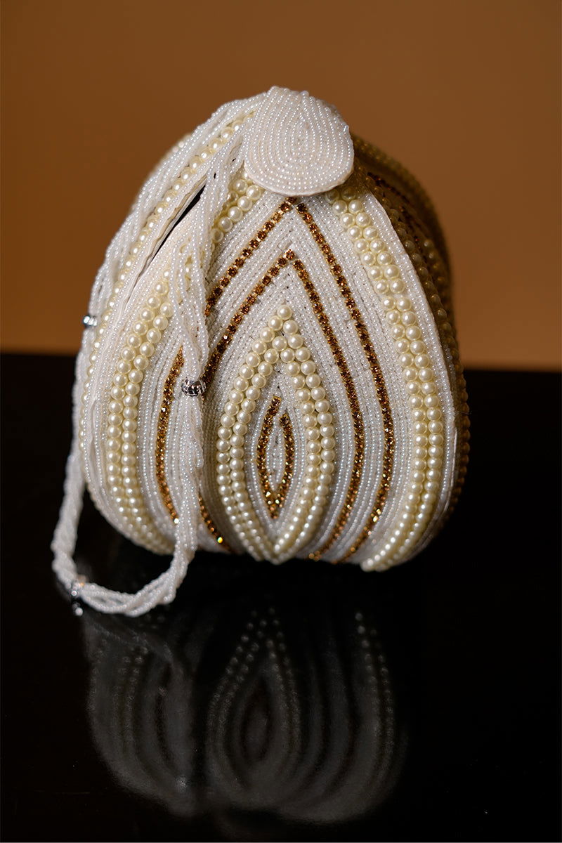 Rose Gold Pearl with Swarovski Frame Potli and Handmade Pearl Handle - Mayrake.in