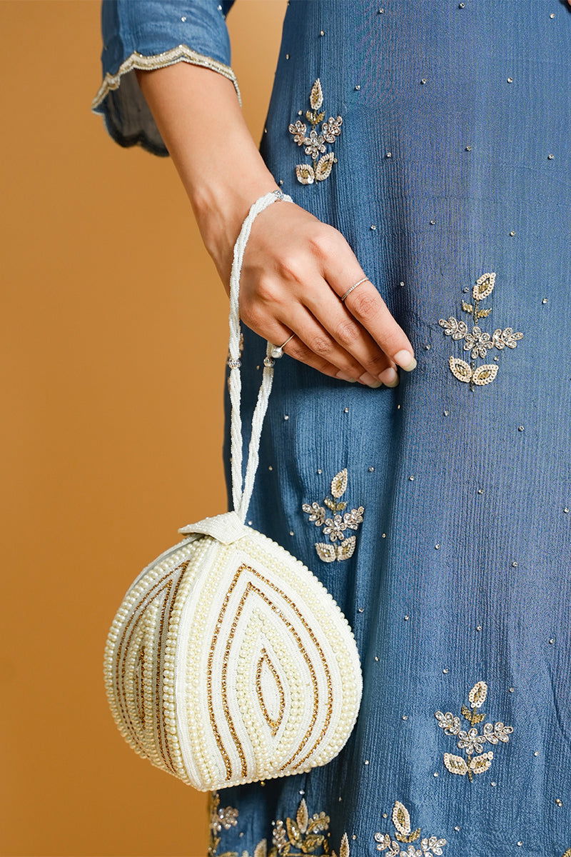 Rose Gold Pearl with Swarovski Frame Potli and Handmade Pearl Handle - Mayrake.in