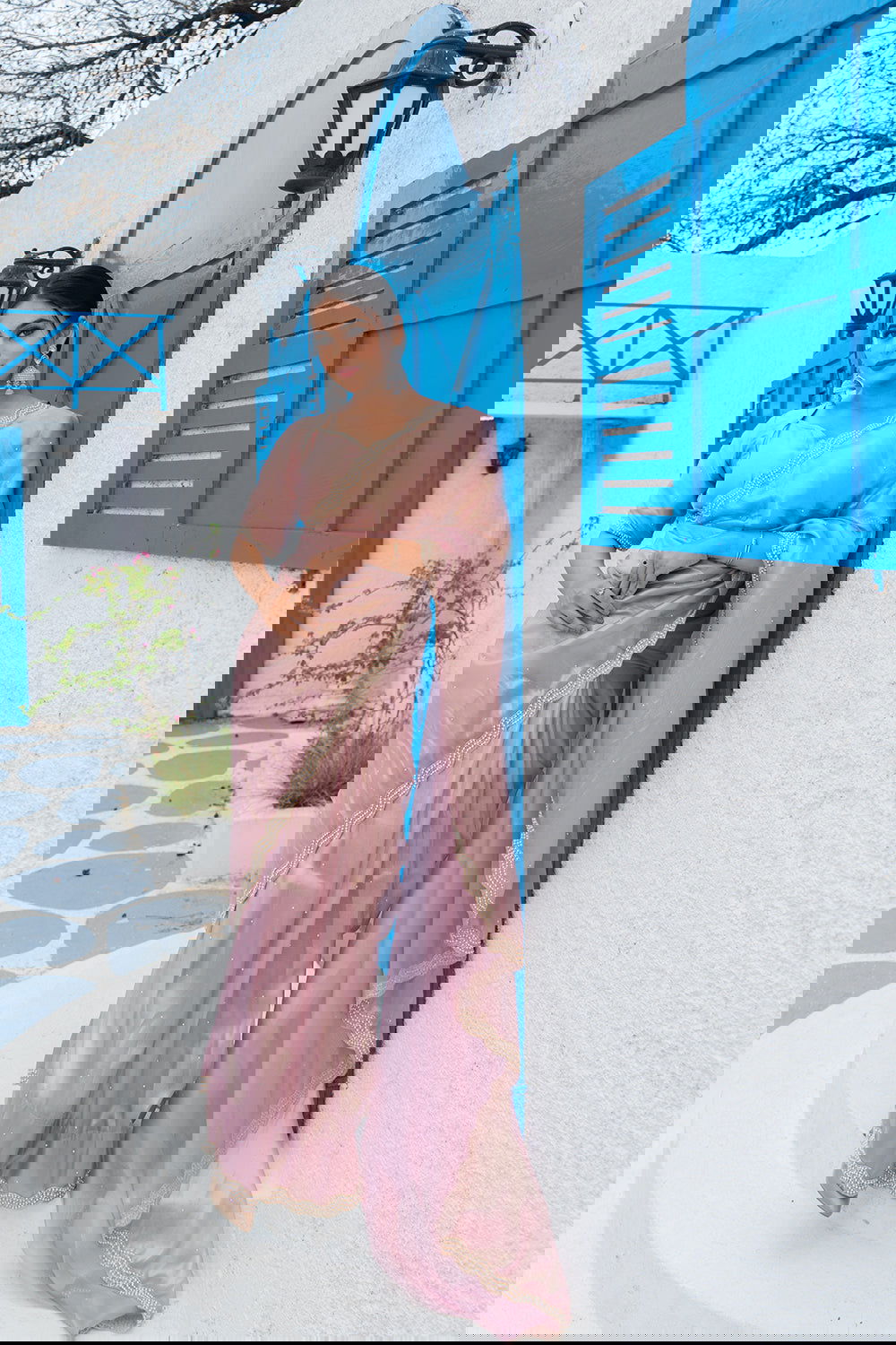 Rose Gold Shimmer Organza Saree with Pearl and Sequin Work - Mayrake.in