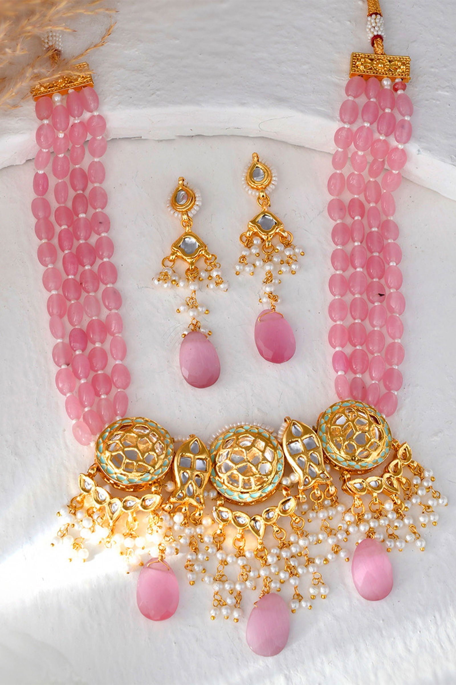 Rose Pink Beads Kundan Necklace - Mayrake.in