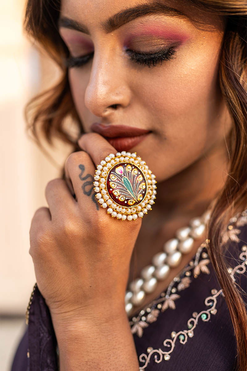 Round Finger Ring with Mix Metal, Pearl, Kundan, and Hand Painting - Mayrake -