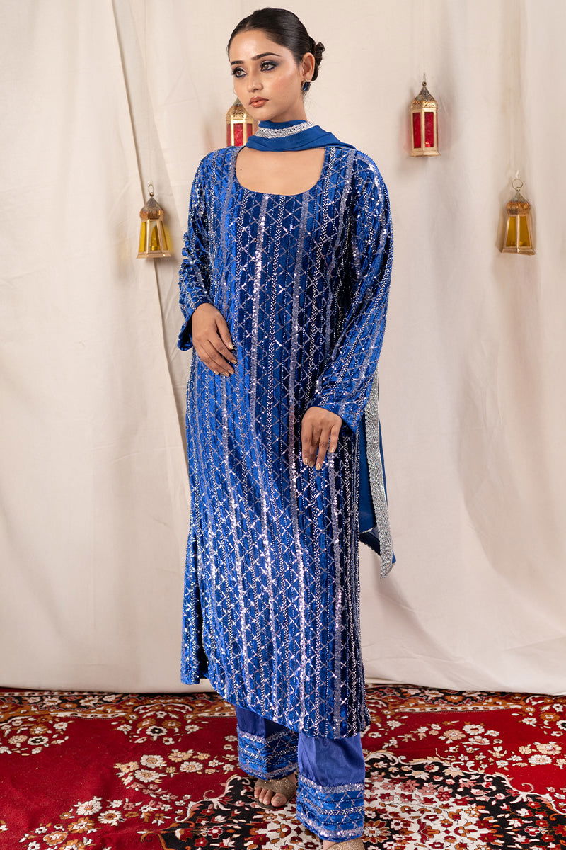 Royal Blue Long Velvet Suit with Full Sequin Work, Palazzo Pants, and Lace Dupatta - Mayrake -