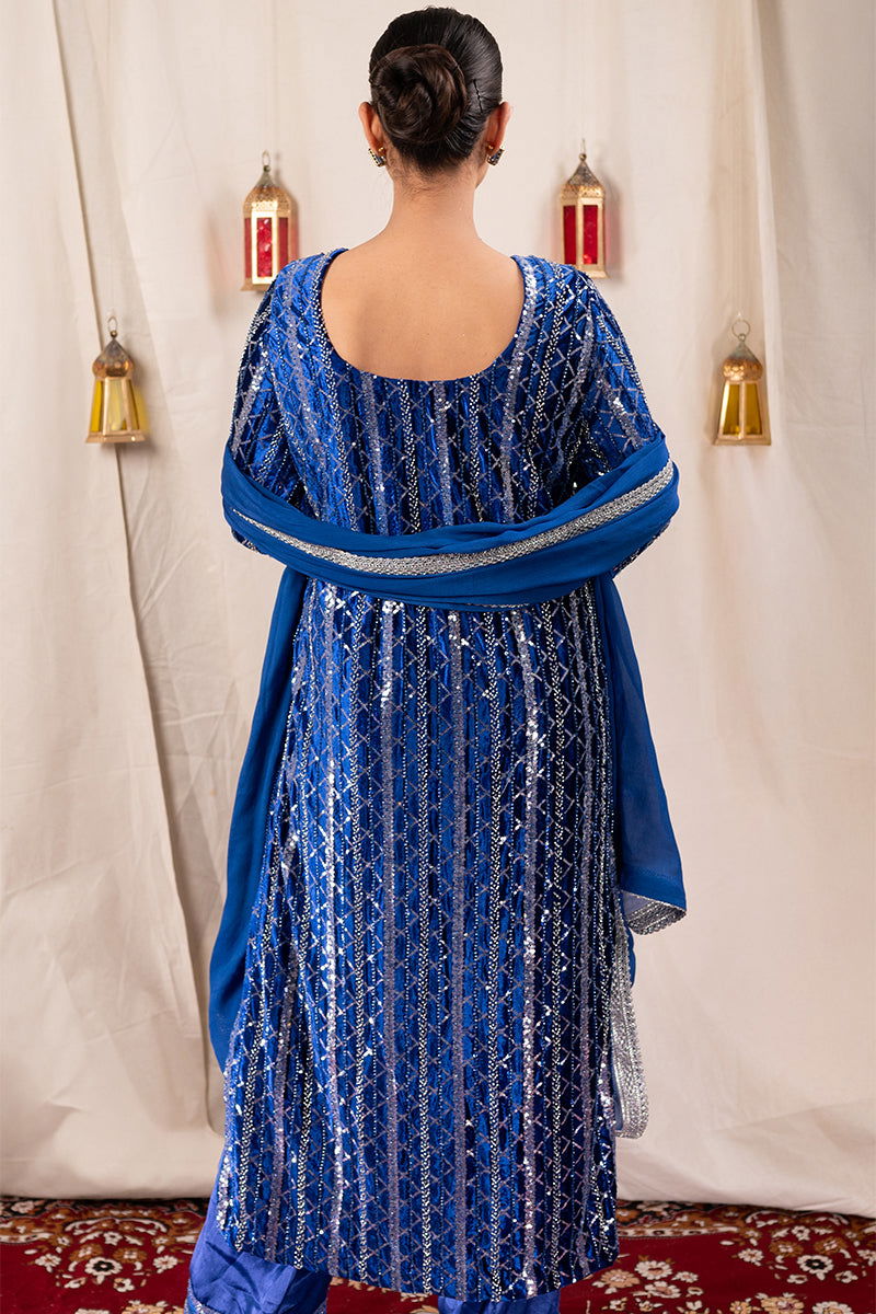 Royal Blue Long Velvet Suit with Full Sequin Work, Palazzo Pants, and Lace Dupatta - Mayrake -