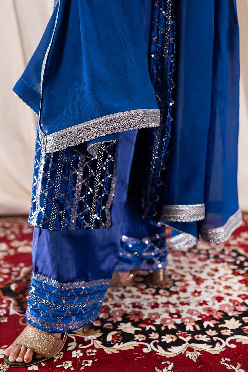 Royal Blue Long Velvet Suit with Full Sequin Work, Palazzo Pants, and Lace Dupatta - Mayrake -