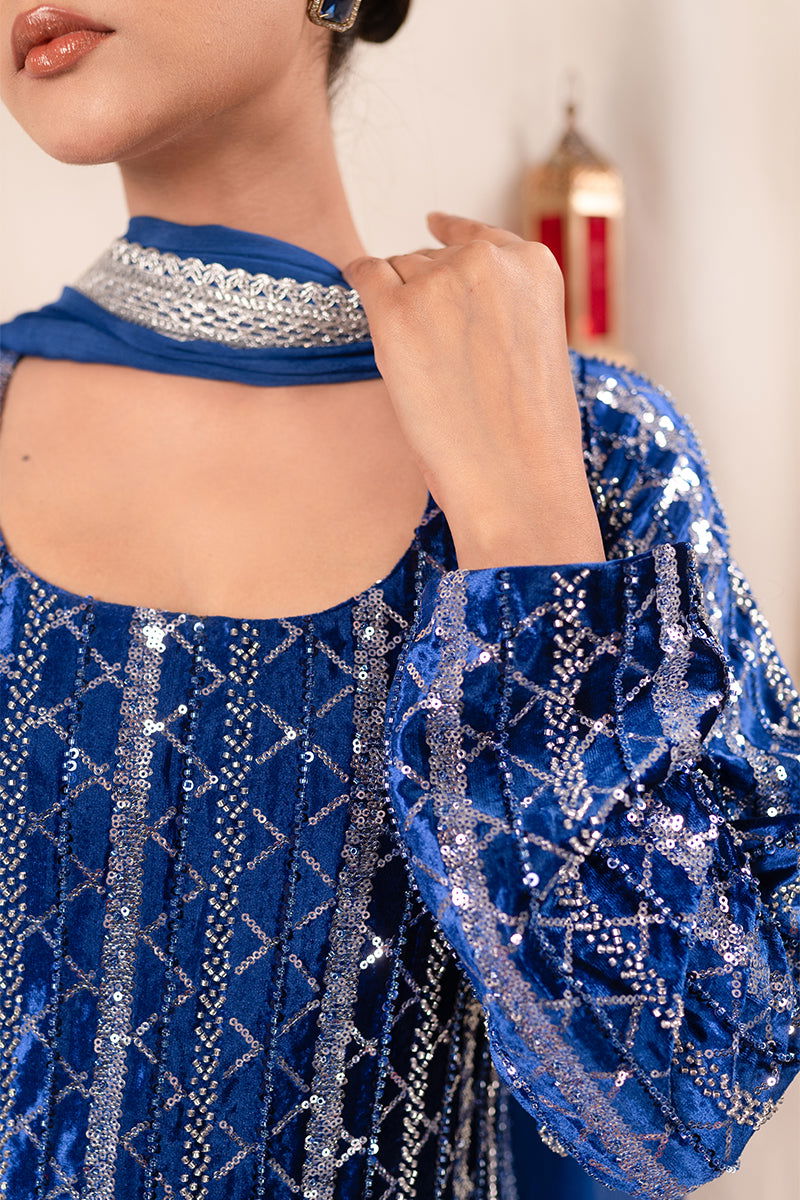 Royal Blue Long Velvet Suit with Full Sequin Work, Palazzo Pants, and Lace Dupatta - Mayrake -