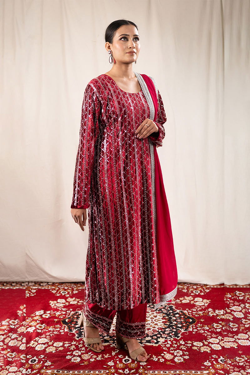 Royal Maroon Velvet Suit with Fully Sequined Kurta, Lace-Embellished Palazzo Pants, and Matching Dupatta - Mayrake -