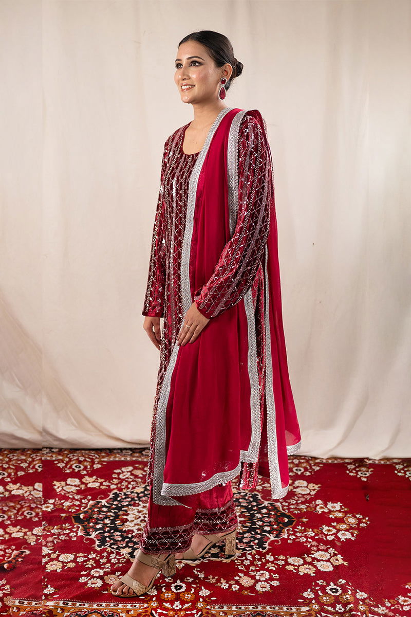 Royal Maroon Velvet Suit with Fully Sequined Kurta, Lace-Embellished Palazzo Pants, and Matching Dupatta - Mayrake -