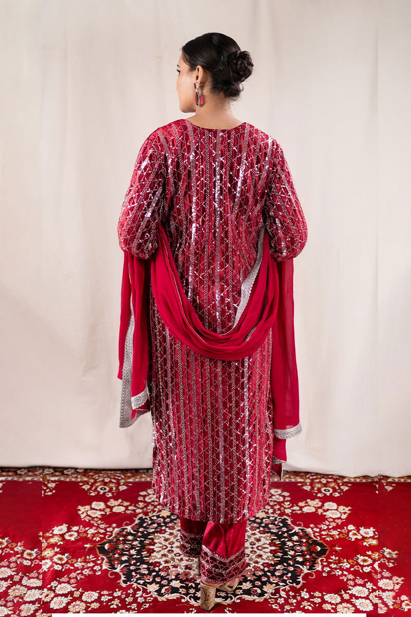 Royal Maroon Velvet Suit with Fully Sequined Kurta, Lace-Embellished Palazzo Pants, and Matching Dupatta - Mayrake -