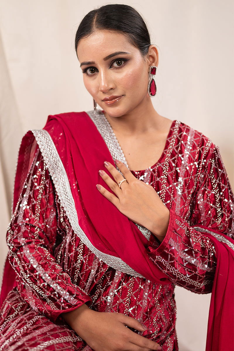 Royal Maroon Velvet Suit with Fully Sequined Kurta, Lace-Embellished Palazzo Pants, and Matching Dupatta - Mayrake -
