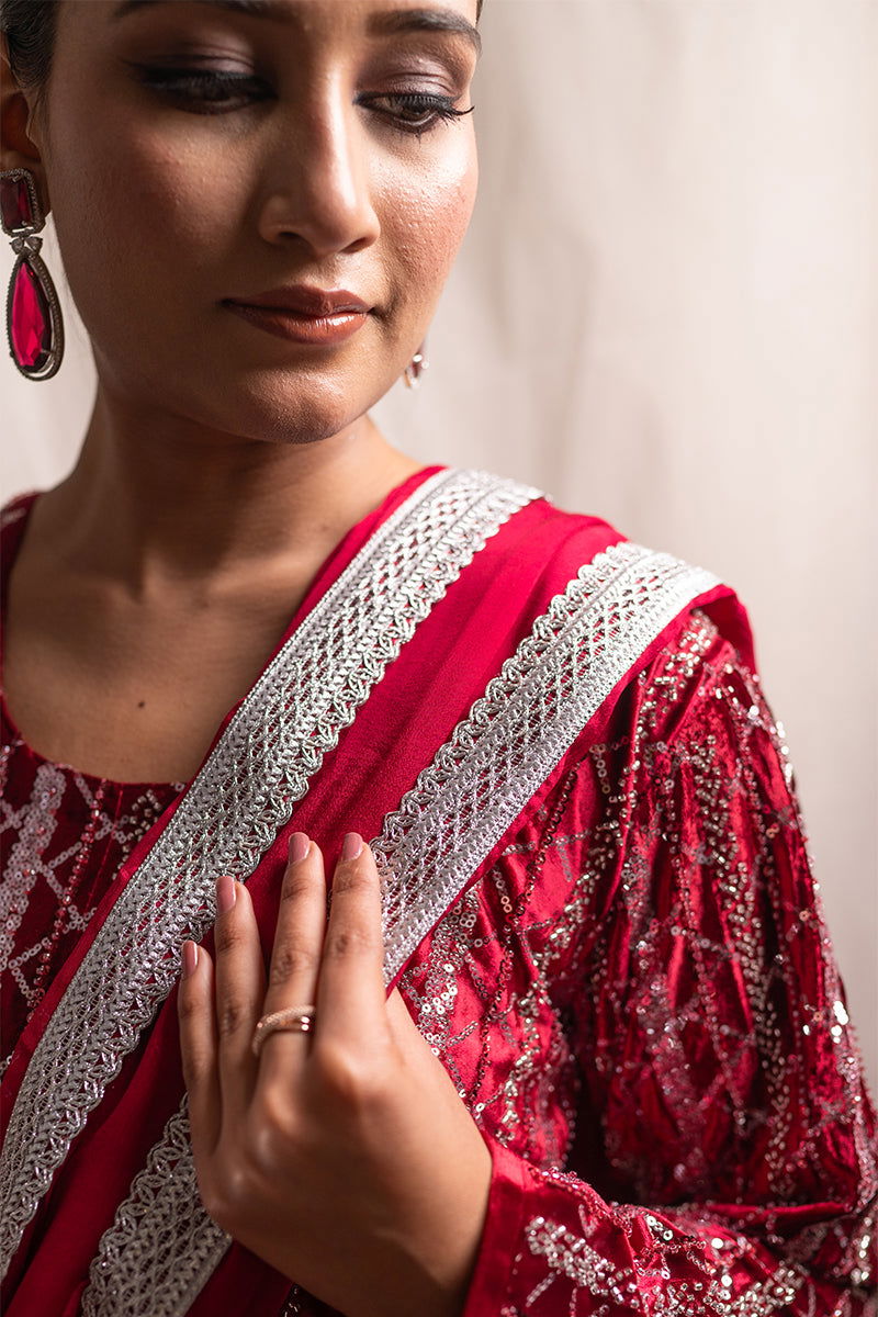 Royal Maroon Velvet Suit with Fully Sequined Kurta, Lace-Embellished Palazzo Pants, and Matching Dupatta - Mayrake -