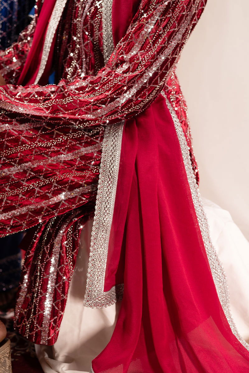Royal Maroon Velvet Suit with Fully Sequined Kurta, Lace-Embellished Palazzo Pants, and Matching Dupatta - Mayrake -
