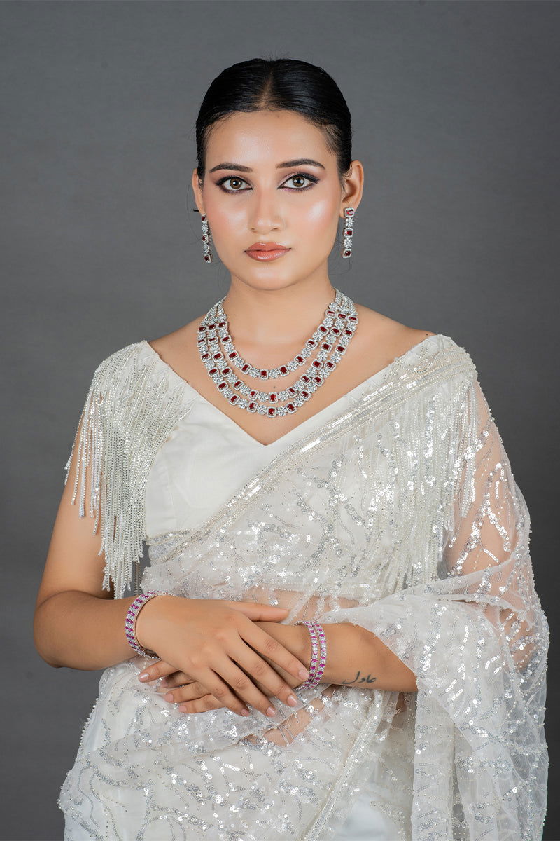 Ruby American Diamond 3-Layer Grand Necklace with Earrings - Mayrake
