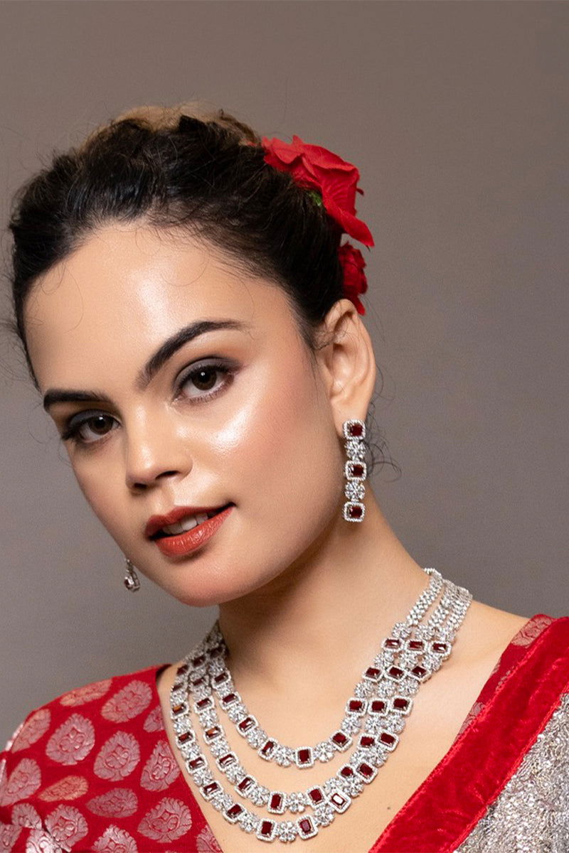 Ruby American Diamond 3-Layer Grand Necklace with Earrings - Mayrake