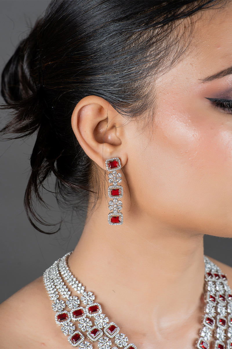 Ruby American Diamond 3-Layer Grand Necklace with Earrings - Mayrake