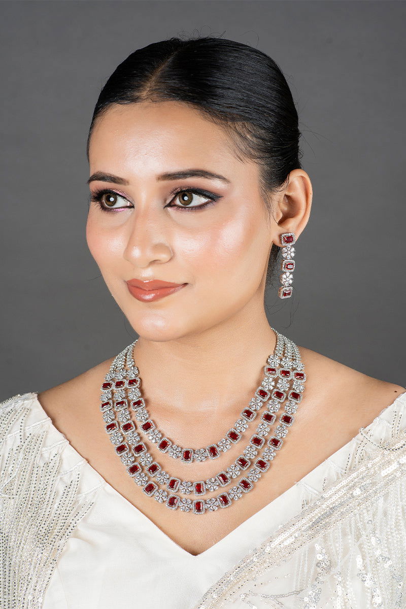 Ruby American Diamond 3-Layer Grand Necklace with Earrings - Mayrake