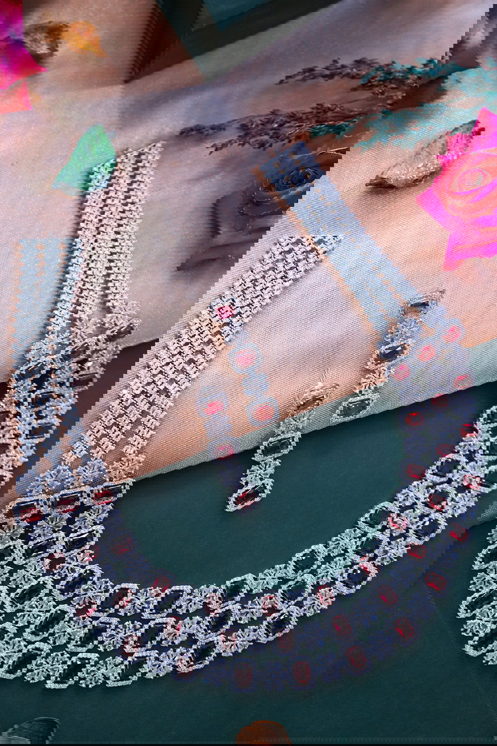 Ruby American Diamond 3-Layer Grand Necklace with Earrings Jewellery Set - Mayrake.in