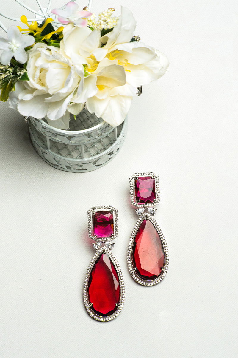 Ruby Red AD Teardrop Embellished Stones Earrings - Mayrake.in