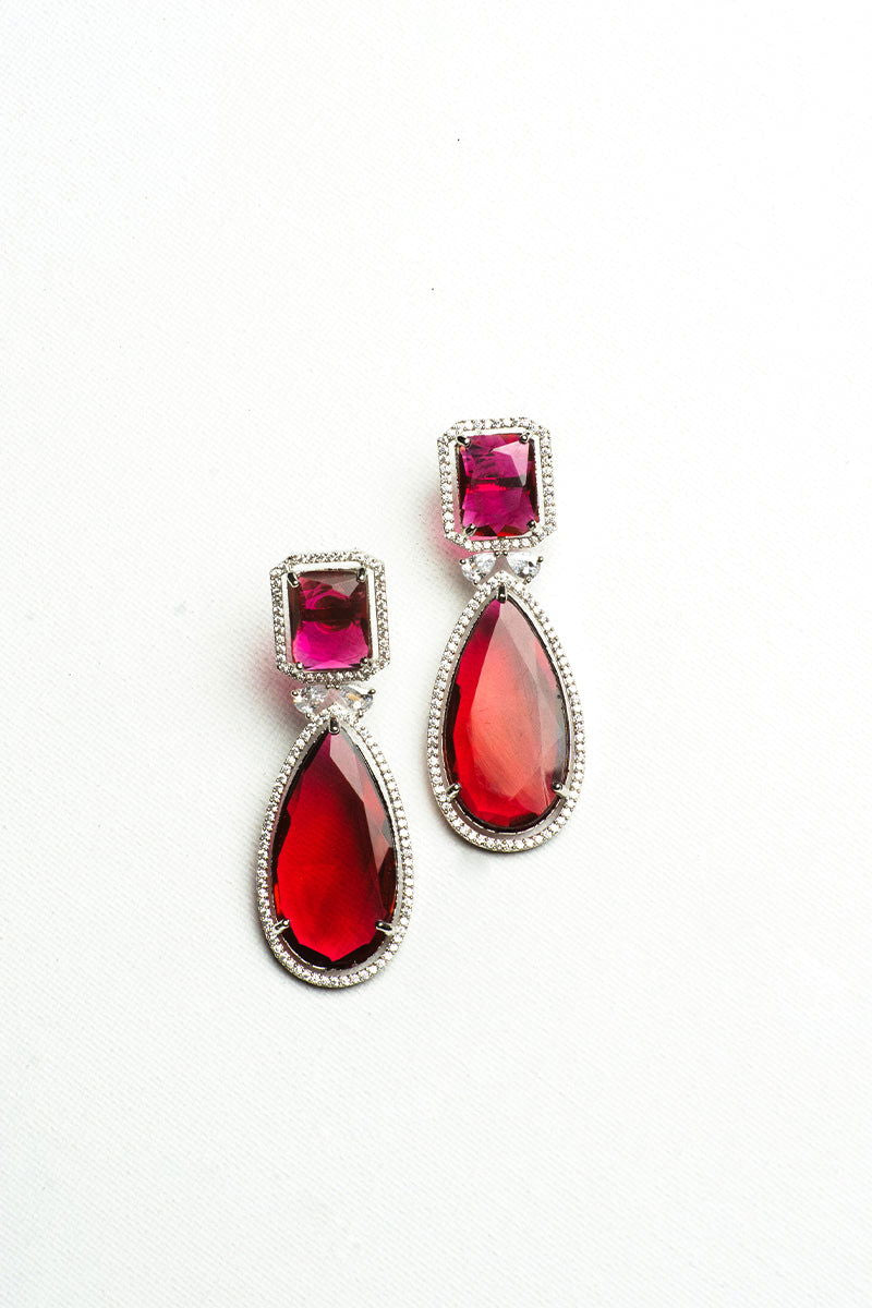 Ruby Red AD Teardrop Embellished Stones Earrings - Mayrake.in