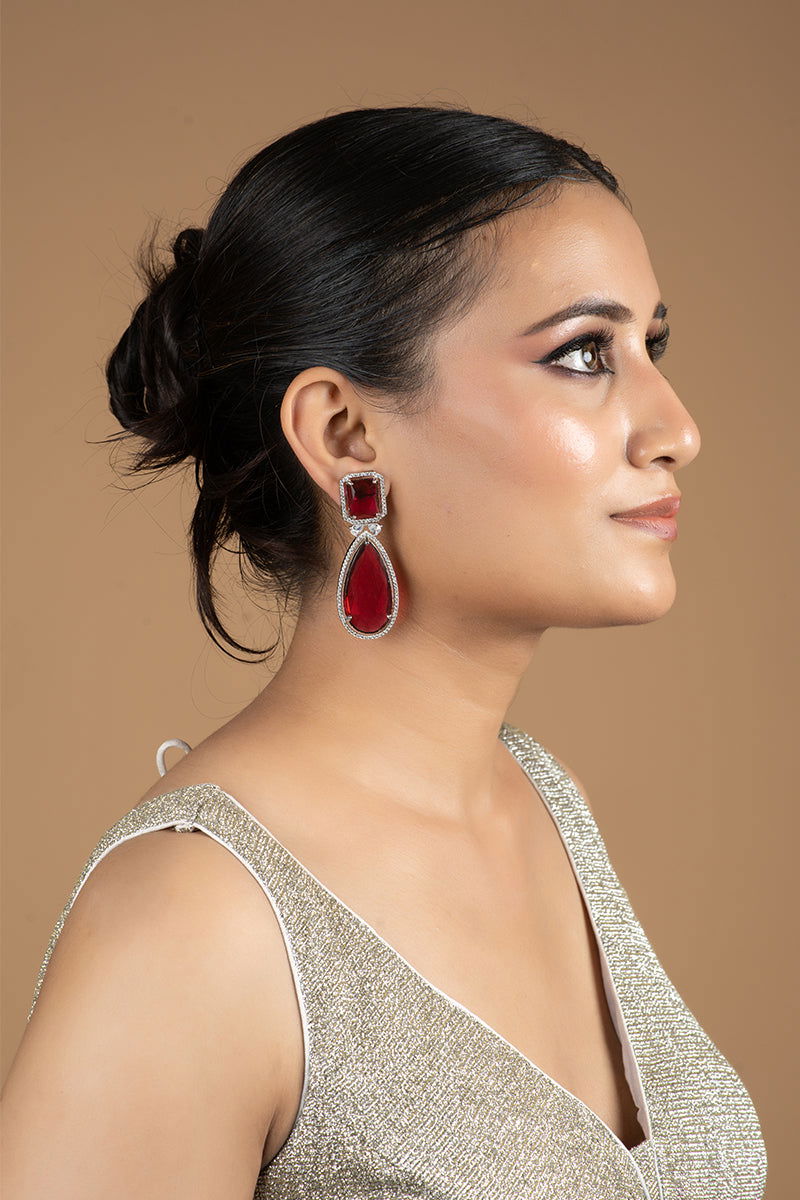 Ruby red AD teardrop earrings embellished with stones - Mayrake