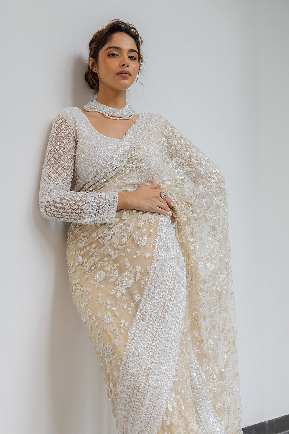 Beige-Cream Net Saree with Sequin & Pearl Embroidery