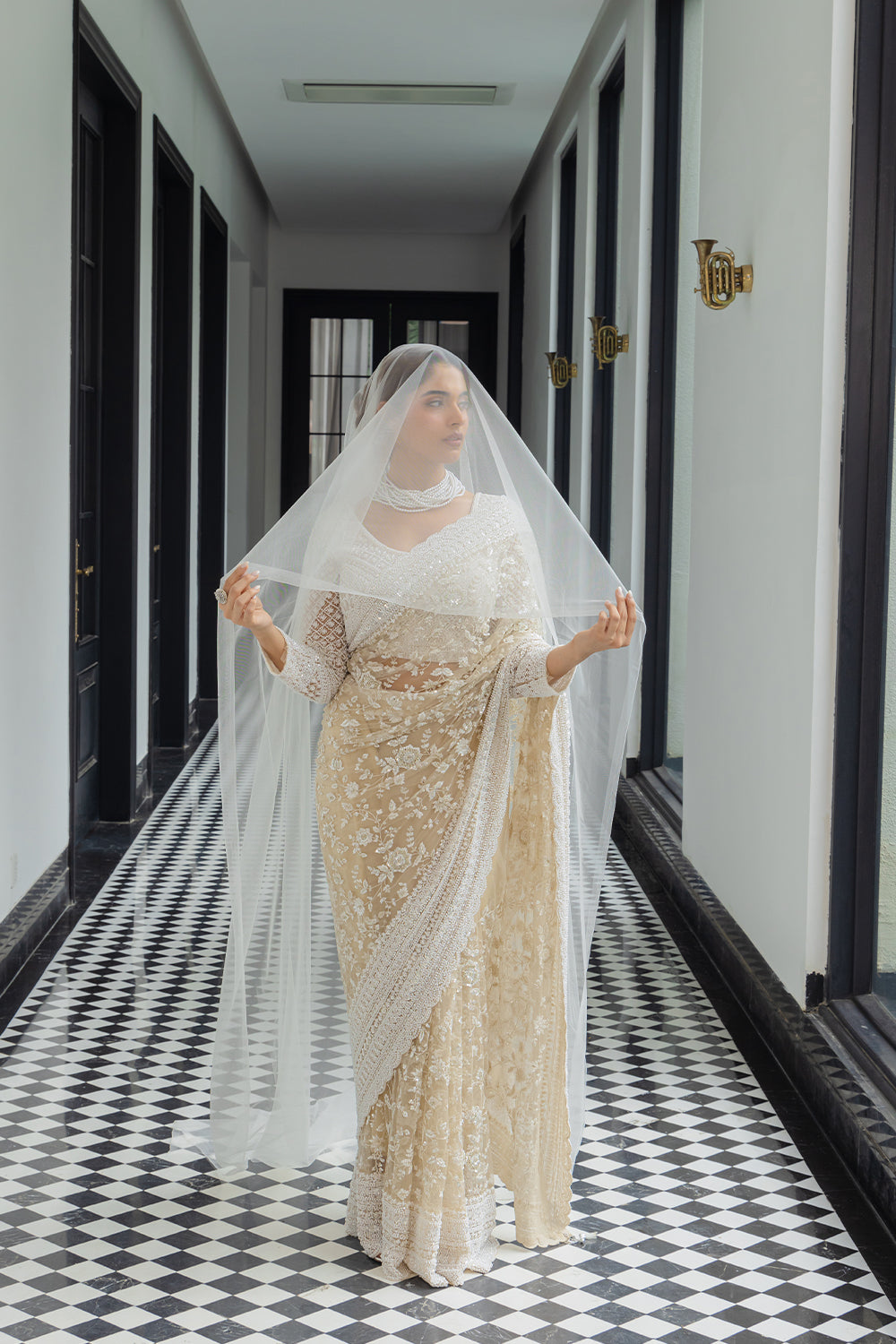 Beige-Cream Net Saree with Sequin & Pearl Embroidery