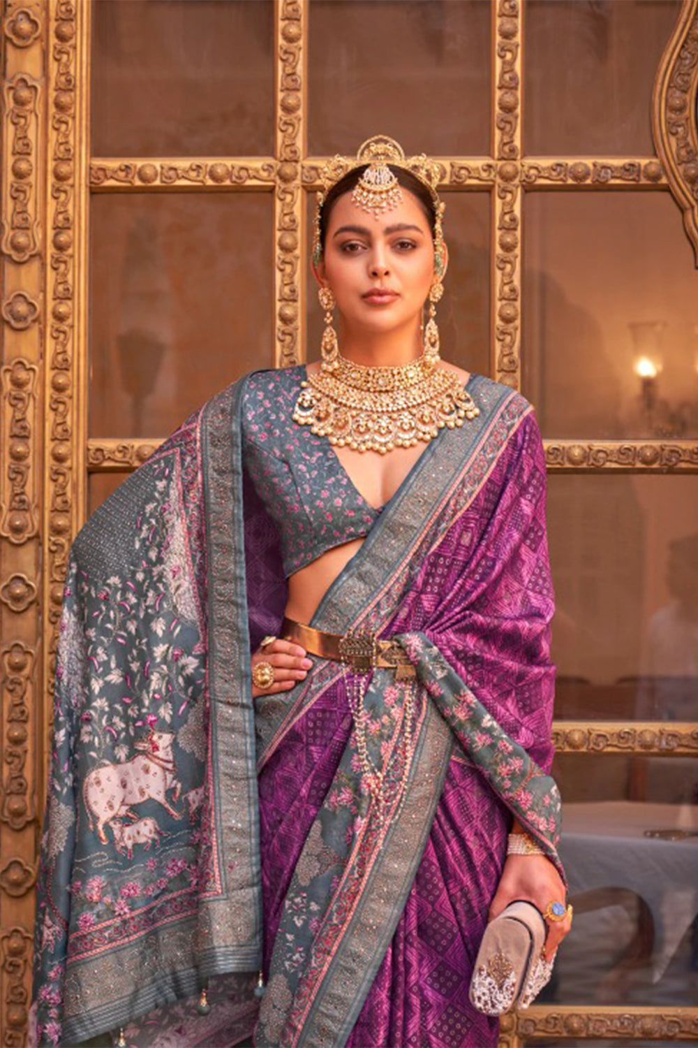 Purple Raw Silk Saree with Regal Bovine Motifs