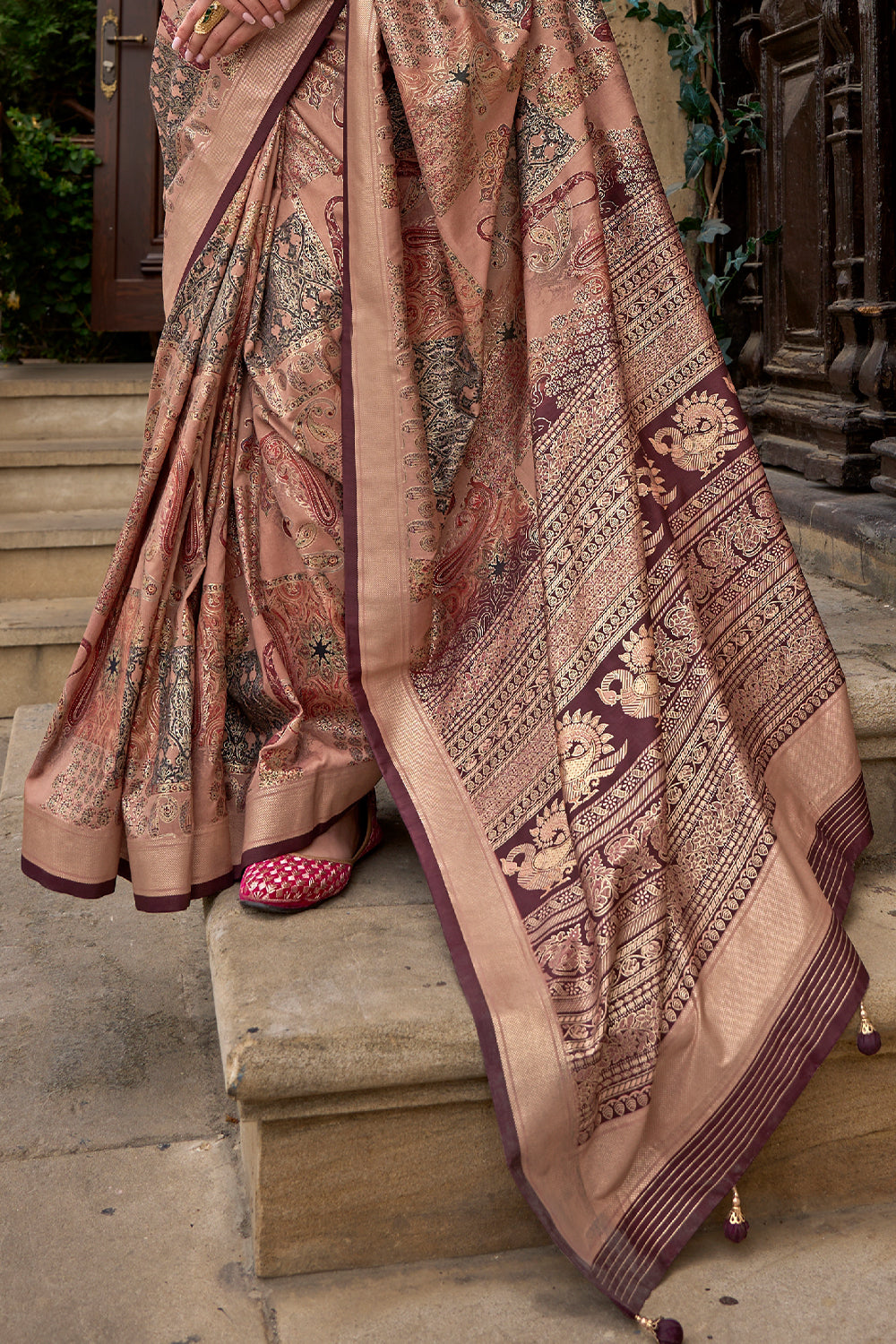 Coffee Brown Raw Silk Saree with Floral Motifs