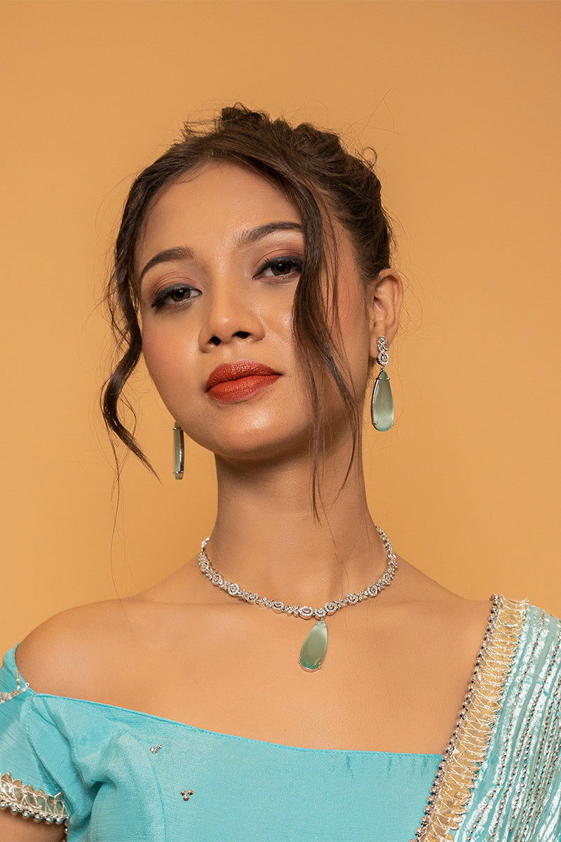 Sea Blue American Diamond Necklace with Earrings - Mayrake