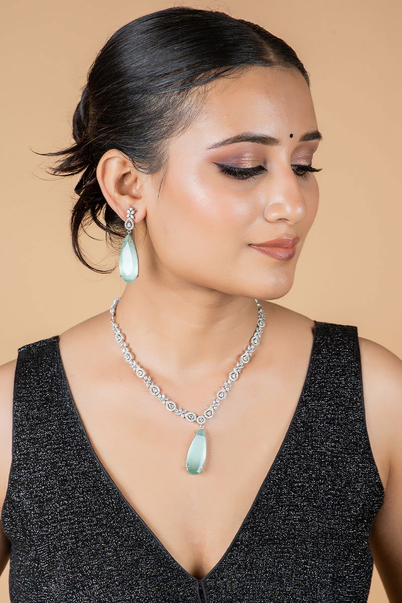 Sea Blue American Diamond Necklace with Earrings - Mayrake