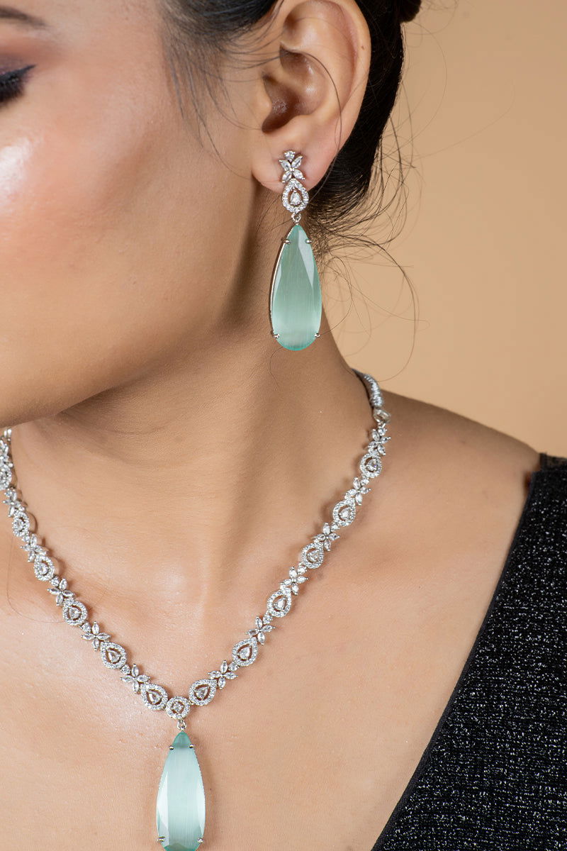 Sea Blue American Diamond Necklace with Earrings - Mayrake