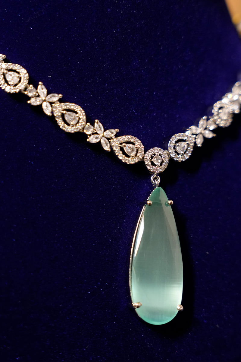 Sea Blue American Diamond Necklace with Earrings - Mayrake