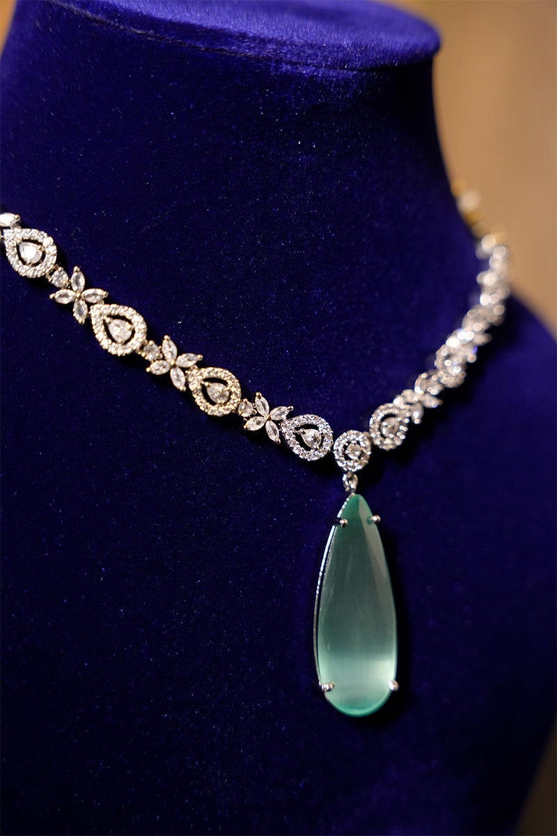 Sea Blue American Diamond Necklace with Earrings - Mayrake