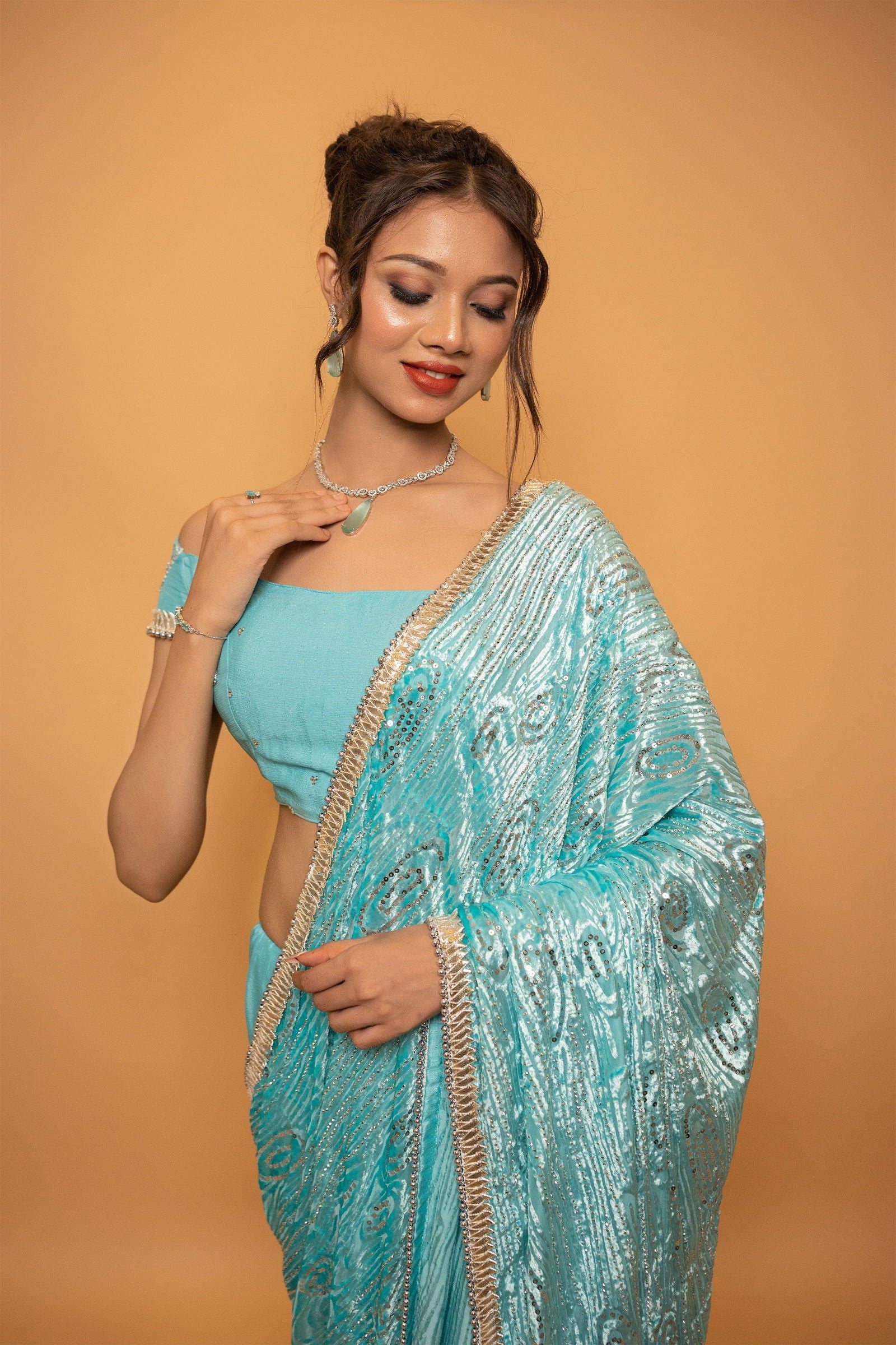 Sea Blue Georgette Saree With Velvet Pallu with Stitched Blouse - Mayrake.in