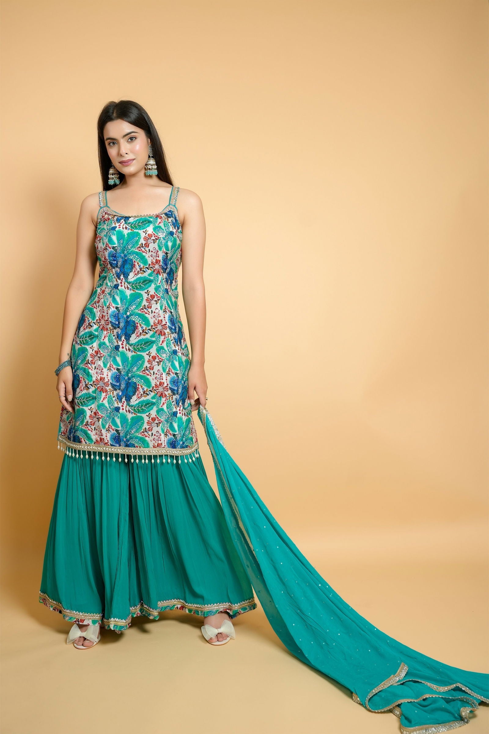 Sea Green Crape Suit with Georgette Detailed Garara and Lace Dupatta - Mayrake
